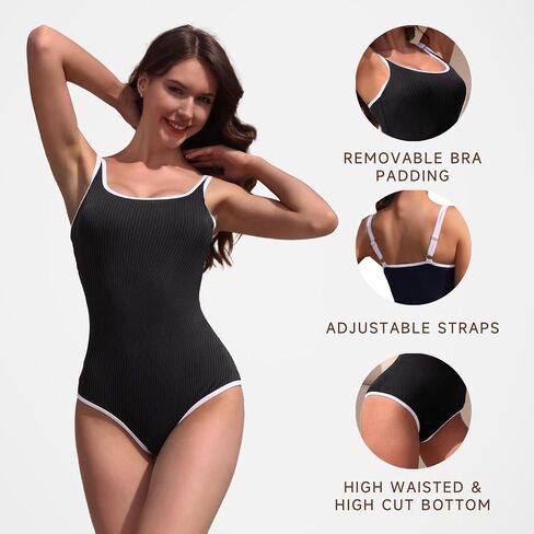 Women's One Piece Swimsuit Color Block Sport Swimwear Ribbed High Cut Bathing Suits (1-S, 2-M, 3-L, 4-XL) in Saudi Arabia