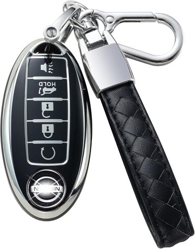 Compatible with Nissan Key Fob Cover with Leather Lanyard, Car Key Case Shell Protection for Nissan Altima Rogue Sentra Pathfinder Remote Smart Key,Black in Kuwait