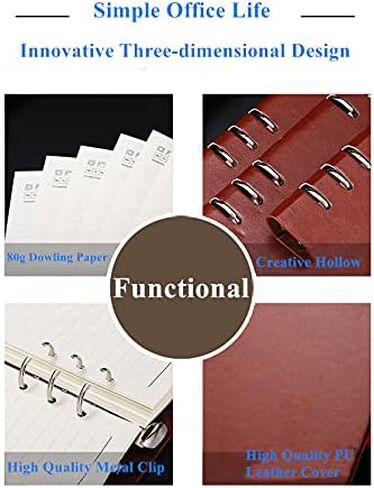 Ailifly Business Office Student Openwork PU Leather Metal Binder Hardcover Spiral Refillable 6 Ring Journal Personal Planner Notebook (Black, A5) in Saudi Arabia