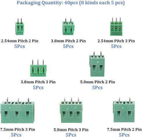 Glarks 40pcs(8 Kinds) 2.54/3.8/5.0/7.5mm Pitch 2/3 Pin PCB Mount Screw Terminal Block Connector Assortment Kit in Saudi Arabia
