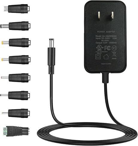 12V 3A Power Supply Adapter with 8 Selectable Adapter Tips for DC12V Home Electronics, LED Strip Light, CCTV Camera, Routers, Speakers in Kuwait