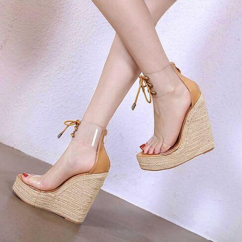 getmorebeauty Women Clear Wedge Sandals Weave Strappy Summer Heel Sandals in Saudi Arabia