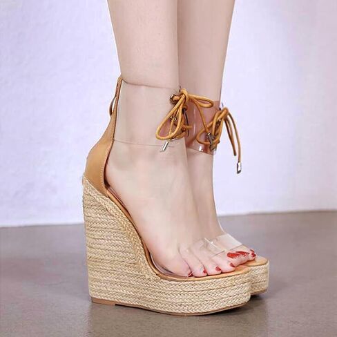 getmorebeauty Women Clear Wedge Sandals Weave Strappy Summer Heel Sandals in Saudi Arabia