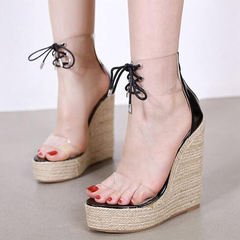 صندل نسائي من getmorebeauty ذو كعب عريض شفاف منسوج بكعب صيفي in Kuwait