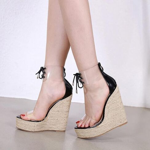 صندل نسائي من getmorebeauty ذو كعب عريض شفاف منسوج بكعب صيفي in Kuwait