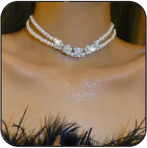 jeairts اللؤلؤ المختنق القلائد الفضة سباركلي الكريستال المختنقون الطبقات زهرة حجر الراين قلادة خمر حزب حفلة موسيقية اللؤلؤ قلادة سلسلة مجوهرات للنساء والفتيات in Kuwait