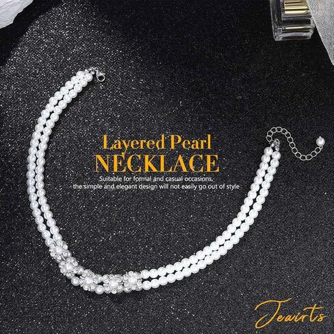 jeairts اللؤلؤ المختنق القلائد الفضة سباركلي الكريستال المختنقون الطبقات زهرة حجر الراين قلادة خمر حزب حفلة موسيقية اللؤلؤ قلادة سلسلة مجوهرات للنساء والفتيات in Kuwait