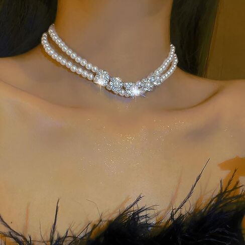 jeairts اللؤلؤ المختنق القلائد الفضة سباركلي الكريستال المختنقون الطبقات زهرة حجر الراين قلادة خمر حزب حفلة موسيقية اللؤلؤ قلادة سلسلة مجوهرات للنساء والفتيات in Kuwait