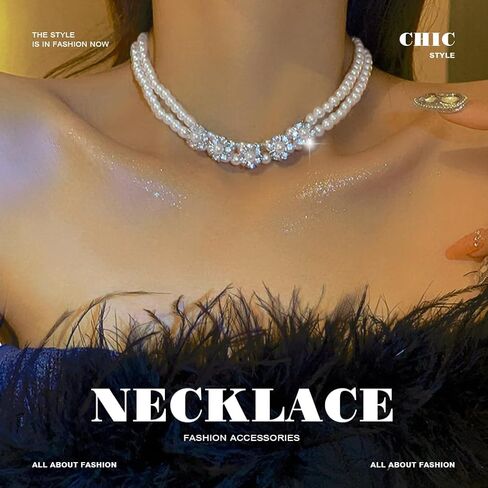 jeairts اللؤلؤ المختنق القلائد الفضة سباركلي الكريستال المختنقون الطبقات زهرة حجر الراين قلادة خمر حزب حفلة موسيقية اللؤلؤ قلادة سلسلة مجوهرات للنساء والفتيات in Kuwait