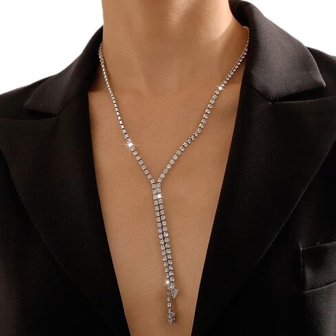 Missgrace Sexy Shiny Choker Necklaces Silver Rhinestone Necklace Chain Long Sparkly Crystal Necklace Jewelry for Women and Girls in Kuwait