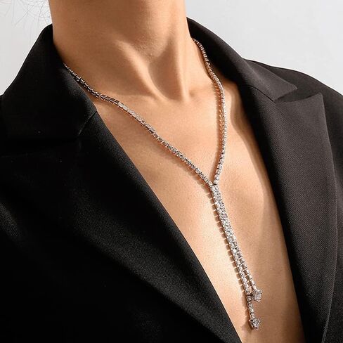 Missgrace Sexy Shiny Choker Necklaces Silver Rhinestone Necklace Chain Long Sparkly Crystal Necklace Jewelry for Women and Girls in Kuwait