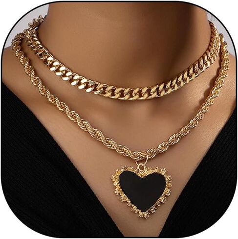 YOOESTORES82 14K الذهب القلب قلادة القلائد للنساء الفتيات الشرير الطبقات مكتنزة القلب المختنق قلادة الهيب هوب ربط سلسلة الحب Y2K الفتيات هدايا المجوهرات العصرية in Kuwait