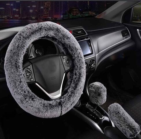SHIAWASENA Warm Faux Wool Steering Wheel Cover with Handbrake Cover & Gear Shift Cover 3 Pcs Set (Black) in Saudi Arabia