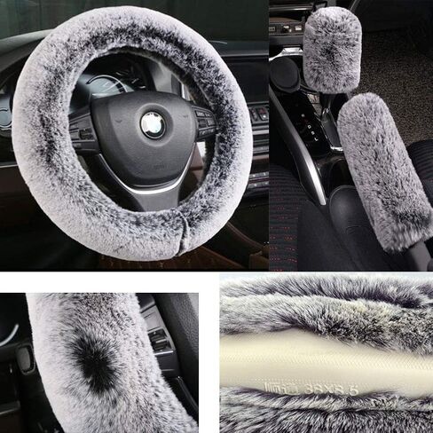SHIAWASENA Warm Faux Wool Steering Wheel Cover with Handbrake Cover & Gear Shift Cover 3 Pcs Set (Black) in Saudi Arabia