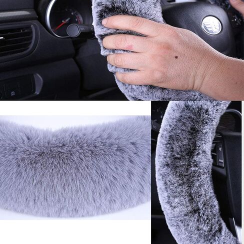 SHIAWASENA Warm Faux Wool Steering Wheel Cover with Handbrake Cover & Gear Shift Cover 3 Pcs Set (Black) in Saudi Arabia