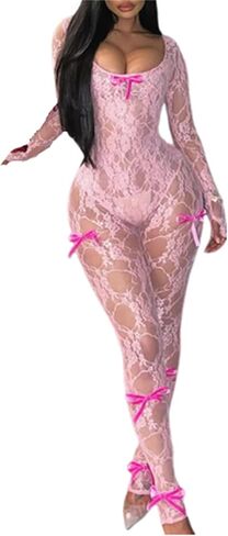 CALEBGAR Lace Jumpsuit for Women Sexy Mesh Bow long Sleeve Bodycon One Piece Jumpsuits Summer Outfits Clubwear in Kuwait