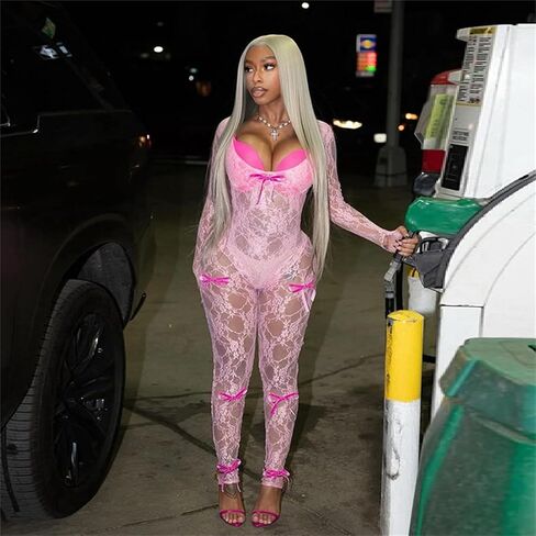 CALEBGAR Lace Jumpsuit for Women Sexy Mesh Bow long Sleeve Bodycon One Piece Jumpsuits Summer Outfits Clubwear in Kuwait