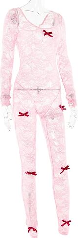 CALEBGAR Lace Jumpsuit for Women Sexy Mesh Bow long Sleeve Bodycon One Piece Jumpsuits Summer Outfits Clubwear in Kuwait