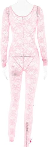 CALEBGAR Lace Jumpsuit for Women Sexy Mesh Bow long Sleeve Bodycon One Piece Jumpsuits Summer Outfits Clubwear in Kuwait