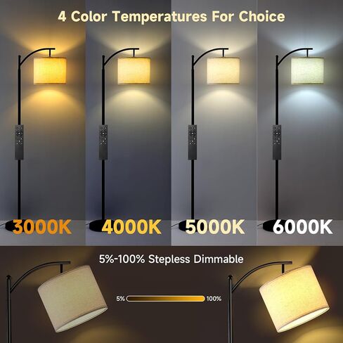Floor Lamp for Living Room with 4 Color Temperatures, Standing Lamp with Adjustable Linen Shade， Remote Control and Stepless Dimmable Tall lamp for Bedroom, Office，9W Bulb Included（Black） in Saudi Arabia