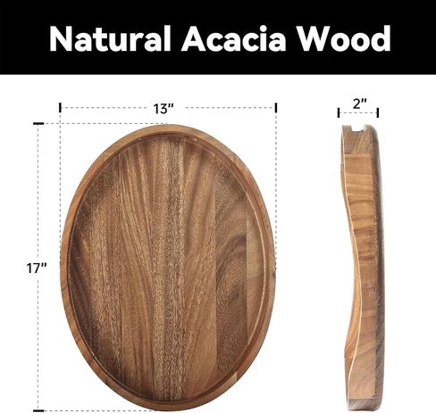 Acacia Wood Serving Tray with Handles - 17"x13" Round, Decorative Ottoman Tray for Living Room, Coffee Table, Breakfast in Bed, Candle Display in Kuwait
