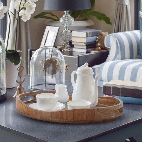 Acacia Wood Serving Tray with Handles - 17"x13" Round, Decorative Ottoman Tray for Living Room, Coffee Table, Breakfast in Bed, Candle Display in Kuwait