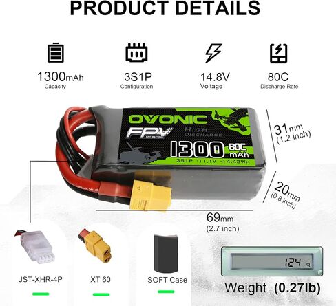 بطارية ليبو OVONIC 3S 80C 1300mAh 11.1V بطارية ليبو مع موصل XT60 لطائرة RC FPV للسباق بدون طيار كوادكوبتر in Saudi Arabia