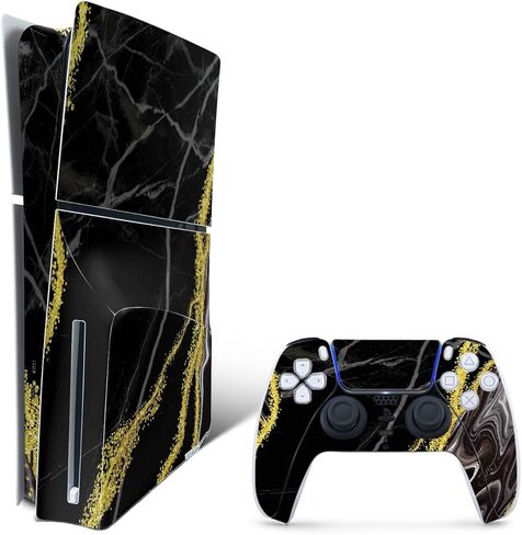 MightySkins Skin Compatible with Playstation 5 Slim Disk Edition Bundle - Black Marble Glitter | Protective, Durable, and Unique Vinyl Decal wrap Cover | Easy to Apply | Made in The USA in Kuwait