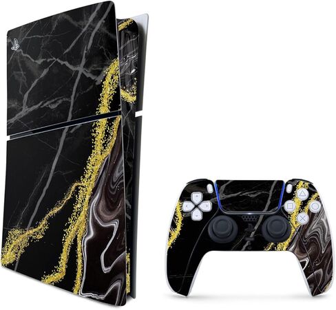 MightySkins Skin Compatible with Playstation 5 Slim Disk Edition Bundle - Black Marble Glitter | Protective, Durable, and Unique Vinyl Decal wrap Cover | Easy to Apply | Made in The USA in Kuwait
