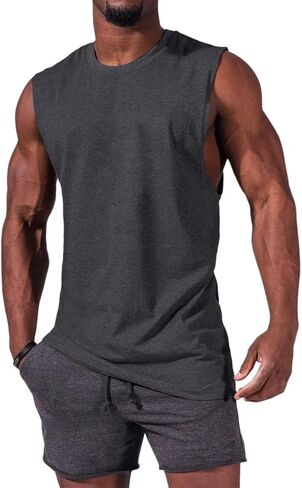 Mens Workout Sleeveless Shirts Cotton Casual Tank Tops Muscle Gym Cut Off T-Shirts (Dark Grey,XL) in Saudi Arabia