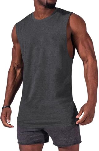 Mens Workout Sleeveless Shirts Cotton Casual Tank Tops Muscle Gym Cut Off T-Shirts (Dark Grey,XL) in Saudi Arabia