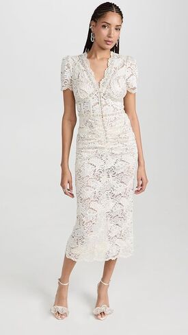 Self Portrait Women's Cream Cord Lace V Neck Midi Dress in Kuwait
