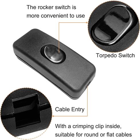 Rocker Switch Push Button ON/Off Power Switch DC 12V AC 250V 2A Inline Switch for LED Light Lamp, Accepts1-2 Core Round or Flat Wire, 10 PCS Torpedo Switch in Saudi Arabia