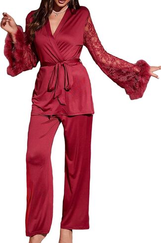 Verdusa Women's 2 Piece Feather Satin Pajama Set Floral Mesh Long Sleeve Belted Top and Pants in Saudi Arabia