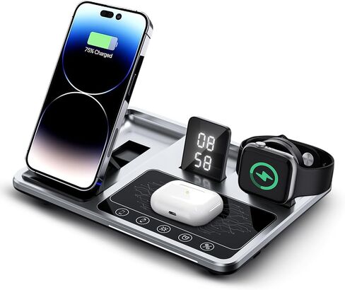 محطة شحن سريعة لاسلكية قابلة للطي 4 في 1 - صغيرة الحجم للسفر - ساعة منبه ليلية - متوافقة مع iPhone 14/13/12/11Pro/SE/XS MAX/XR/XS/X/8 Plus-Apple Watch Series 7/6/SE /5/4/3/2 ايربودز 2 3 برو in Saudi Arabia