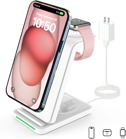 3 in 1 Wireless Charging Station for Apple | Qi Wireless Phone Charger Stand | Multiple Charging Station for iPhone 8-15, iWatch 2-9, Airpod Pro/3/2, Ideal Gift of 3 in 1 Wireless Charger (Black) in Saudi Arabia