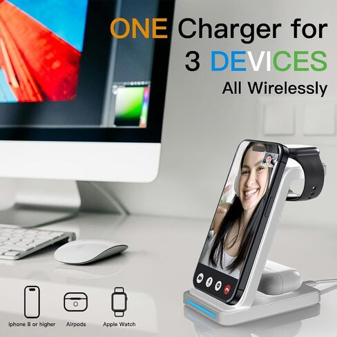 3 in 1 Wireless Charging Station for Apple | Qi Wireless Phone Charger Stand | Multiple Charging Station for iPhone 8-15, iWatch 2-9, Airpod Pro/3/2, Ideal Gift of 3 in 1 Wireless Charger (Black) in Saudi Arabia