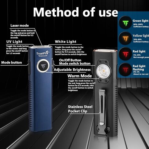 TrustFire Mini X3 Rechargeable EDC Flashlight with White Light, Flood Light, UV and Green Beam, 1050 Lumens Portable Flat Flashlights, Fourfold Light Sources Pocket Lights for Emergency (Black) in Kuwait