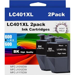 خراطيش حبر LC401XL لطابعة Brother متوافقة مع خراطيش حبر Brother LC401 لطابعة Brother MFC-J1010DW MFC-J1012DW MFC-J1170DW 2 حزمة XL (2 أسود) in Kuwait