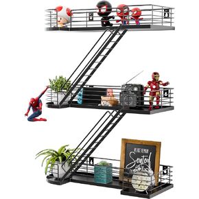 15 Inch Fire Escape Wall Shelf - Black Metal Decorative Shelves, Eye-Catching Figurine Display Shelf Wall Mounted, Unique Ladder Home Décor for Knick Knack, Action Figure, Bedroom, Bathroom