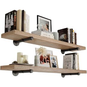 Wallniture Pipe 48 inch Long x 9.25 in Deep Floating Shelves for Wall, Industrial Pipe Shelving, Wall Bookshelf for Living Room, Home Office, Laundry Room, Wall Shelves Set of 2, Burnt, Wood
