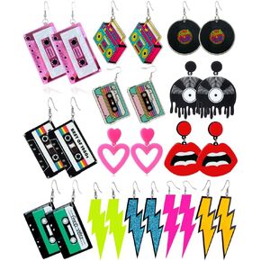 12 Pairs 80s 90s Neon Earrings for Women Retro Boho Pendant Magnetic Tape Optical Disc Lightning Heart Acrylic Drop Dangle for 80's Outfit Glow Party Accessories