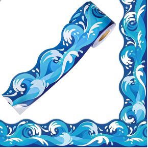 Whaline 66Ft المحيط موجة لوحة الإعلانات الحدود البحر الحدود تقليم ملصقات لفة للمدرسة الصيف الفصول الدراسية مكتب السبورة ديكور الحفلات