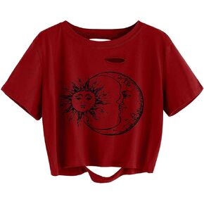 Avanova Women Sun Moon Graphic Distressed Crop Top Oversized Short Sleeve Ripped Tee Shirt