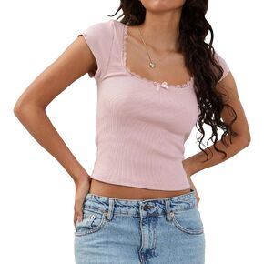 Women Y2K Fairy Cottage T-Shirt Vintage Milkmaid Crop Tops Kawaii Lace Trim Bow Square Collar Short Sleeve Tee Tops