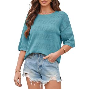 GRACE KARIN Women's Summer Oversized Hollow Out Crewneck Striped T Shirts Short Sleeve Knit Casual Basic Tee Tops
