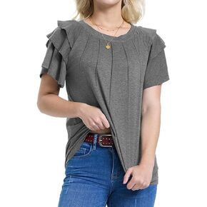 Womens Summer Ruffle Sleeve Tops Casual Pleated Shirts Trendy Business Work Blouses Crewneck T Shirts