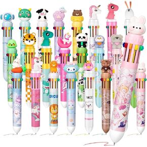 Kosiz 24 Pcs Multicolor Ballpoint Valentines Pen 10 in 1 Multi Color Pen in One 0.7 mm Retractable Animal Cartoon Design for Office School Supplies Students Gift