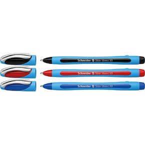 Schneider Slider Memo XB (Extra Broad) Ballpoint Pen, 1.4 mm, Light Blue Barrel, Assorted Ink Colors, Pack of 3 Pens: Black, Red, Blue (150293)