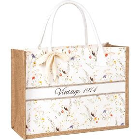 Crisky 50th Birthday Gifts for Women Wildflower Canvas Tote Bag Vintage 1974 Beach Bag for Wife/Sister/Mom/Aunt/Friends 50th Birthday Gifts,17" x 12" x 7"